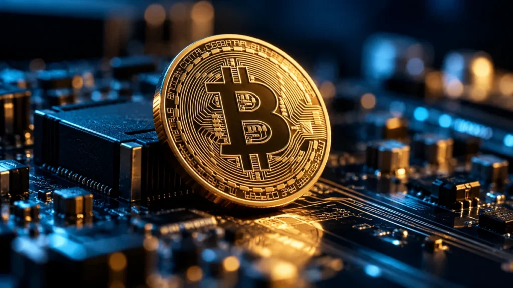 Złoty żeton z symbolem Bitcoina na płytce elektronicznej
