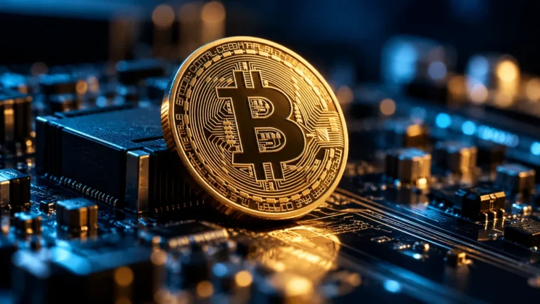 Złoty żeton z symbolem Bitcoina na płytce elektronicznej