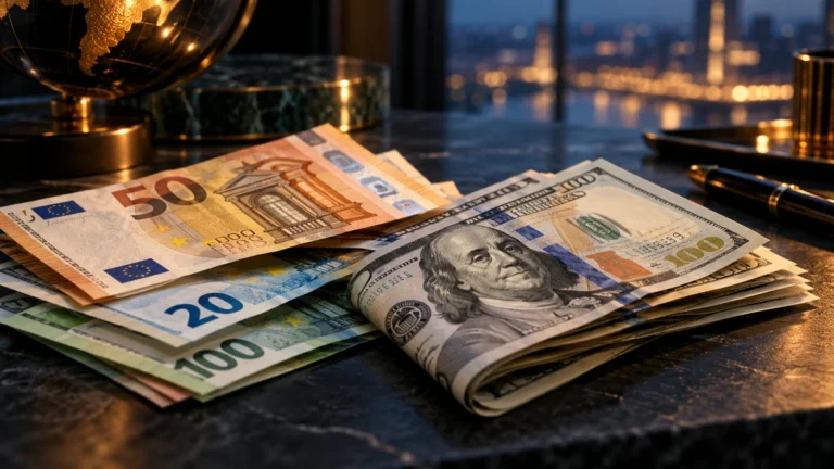 Banknoty euro i dolara amerykańskiego na ciemnym biurku