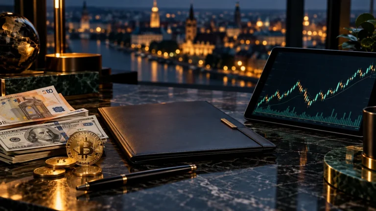 Banknoty, teczka dokumentów i tablet z wykresem do porównania Forex oraz CFD