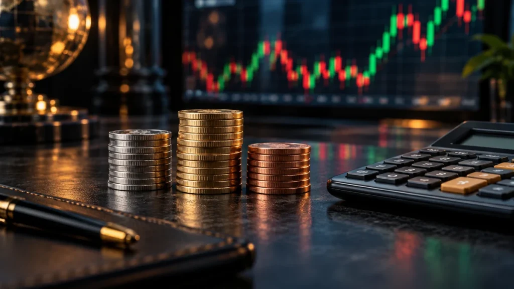 Trzy stosy monet i kalkulator na tle wykresu ilustrujące koszty transakcji Forex