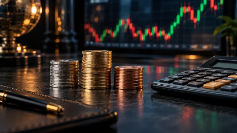 Trzy stosy monet i kalkulator na tle wykresu ilustrujące koszty transakcji Forex