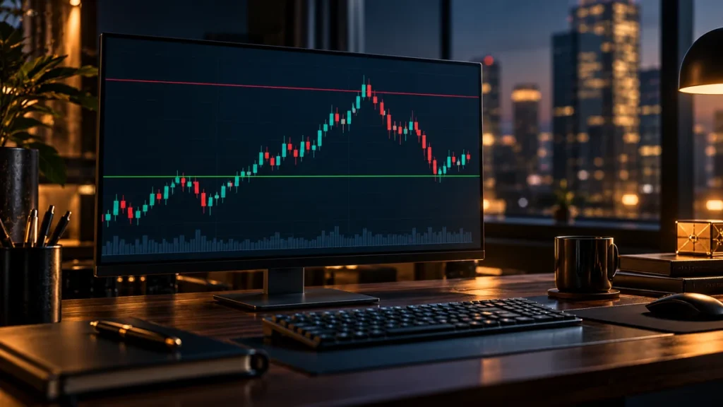 Monitor z wykresem świecowym i dwoma poziomami cenowymi do artykułu o zleceniach stop loss i take profit